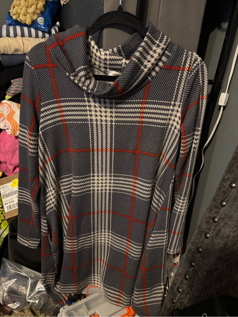 Plaid Cowl Neck Women's Sweater Tunic Dress Navy with Red & Cream Medium
